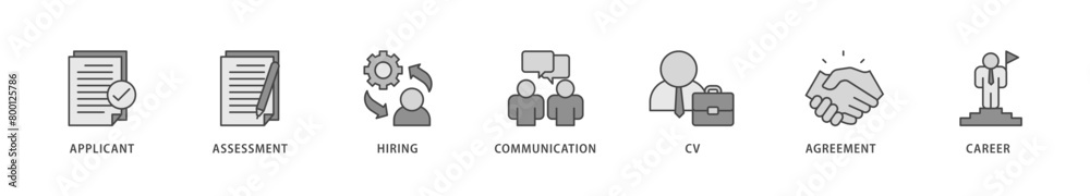Job interview icons set collection illustration of applicant, assessment, hiring, communication, cv, agreement and career icon live stroke and easy to edit Job interview icons set collection illustration of applicant, assessment, hiring, communication, cv, agreement and career icon live stroke and easy to edit