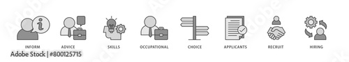 Job fair icons set collection illustration of the information, advice, skills, occupational, applicants, recruit, and hiring icon live stroke and easy to edit 