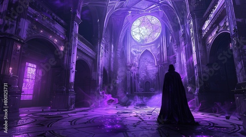 Fantasy Fusion' around a mystical sorcerer in a grand hall, a style mixing reality and fantasy, in dreamy violet and mysterious shadow black