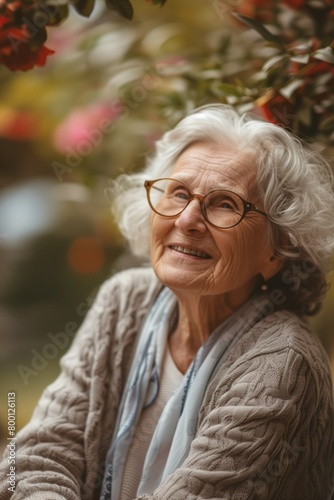 Portrait of a beautiful elderly woman against the background of nature. The concept of active old age. Support for the elderly. A happy pensioner. Beautiful natural aging