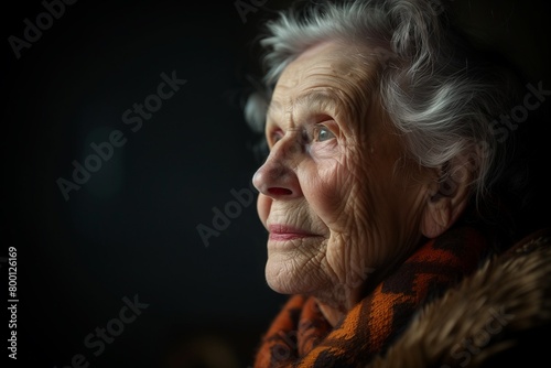 Portrait of a beautiful elderly woman isolated in the black background. The concept of active old age. Support for the elderly. A happy pensioner. Beautiful aging photo