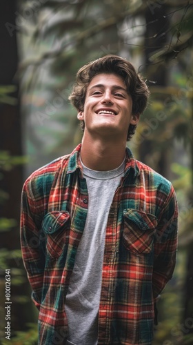 smiling young man wearing flannel shirt in a forest