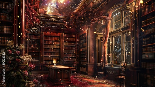 Fantasy Fusion' around an enchanted book in an old library, a style mixing reality and fantasy, in dreamy gold and mysterious burgundy