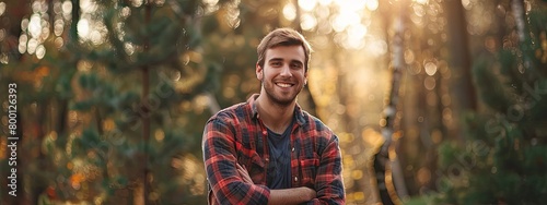 smiling young man wearing flannel shirt in a forest