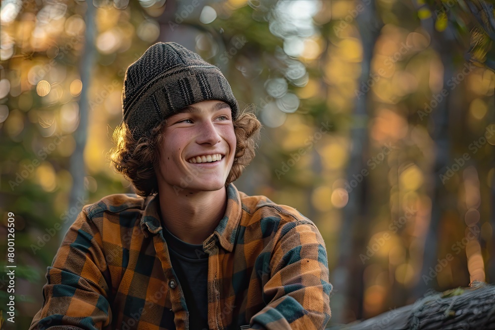 smiling young man wearing flannel shirt in a forest smiling young man wearing flannel shirt in a forest