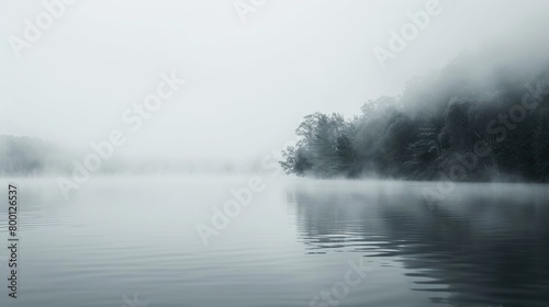 fog on a lake, in the style of minimalist black and white, documentary travel photography, soft, muted palette, serene and peaceful ambiance, wilderness © Boraryn