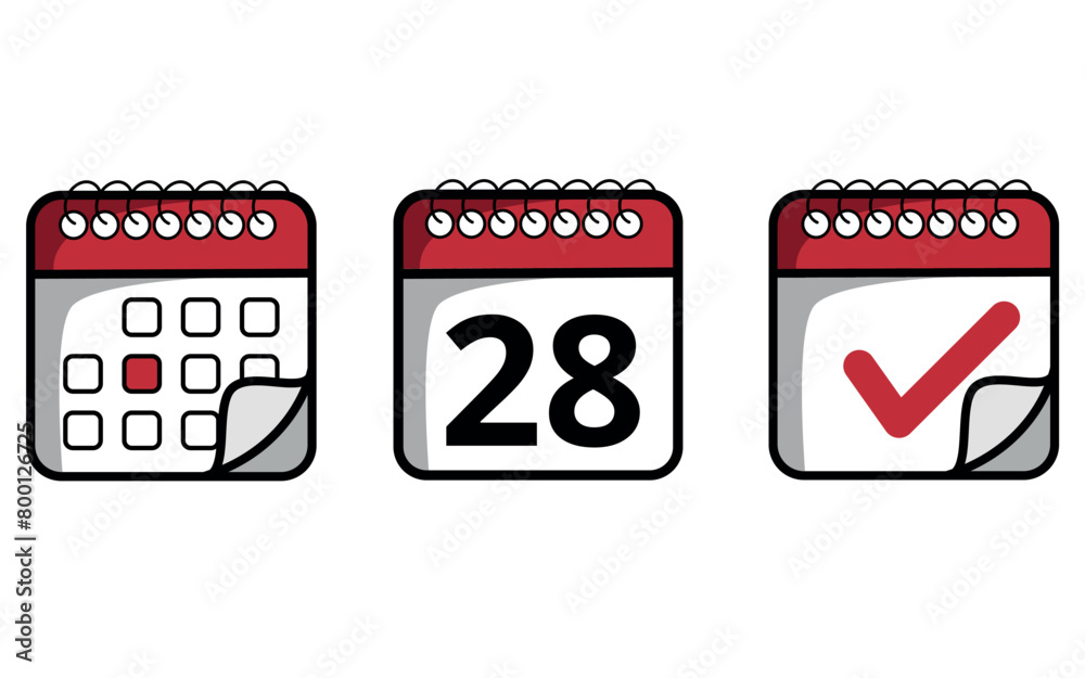 Red calendar icons with folded tip of different models. Calendar icon with specific day marked, day 28. Red calendar icons with folded tip of different models. Calendar icon with specific day marked, day 28.