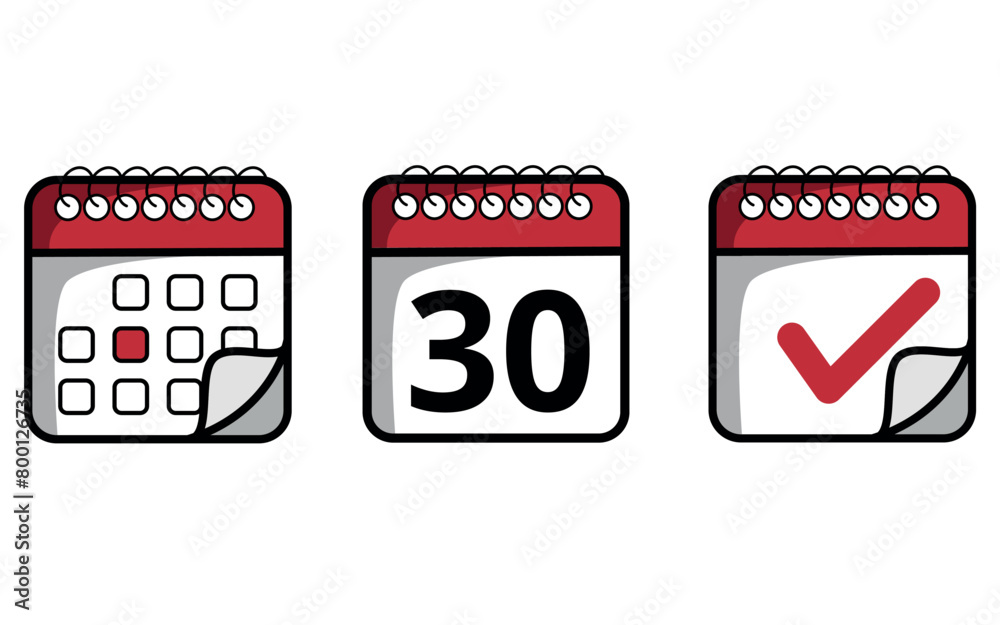 Red calendar icons with folded tip of different models. Calendar icon with specific day marked, day 30. Red calendar icons with folded tip of different models. Calendar icon with specific day marked, day 30.