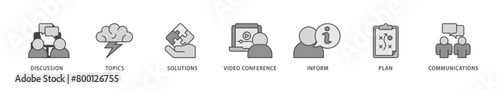 Meeting icons set collection illustration of communications, topics, solutions, plan, inform and video conference  icon live stroke and easy to edit 