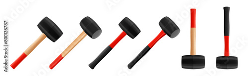Set of rubber hammers, isolated on white background. Tile mallets. Hand tools for laying tiles and stones. Tool for straightening work. Realistic 3d vector illustration