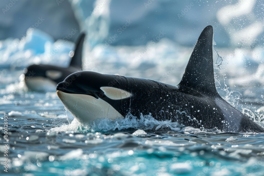  orca pod swimming in the cold blue waters of the Arctic.KILLER WHALE orcinus orca, PAIR LEAPING,A Bigg's orca whale jumping out of the sea in Vancouver Island,Killer Whale ,Orcinus Orca