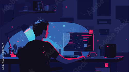 Man working on computer in dark room. Cash flow Vector photo