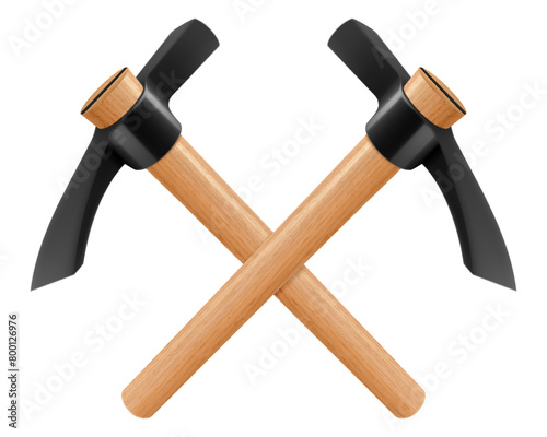 Crossed pickaxe hammers isolated on white background. Hand percussion tool for master stonemasons, builders, sculptors for processing various types of stone. Realistic 3D vector illustration