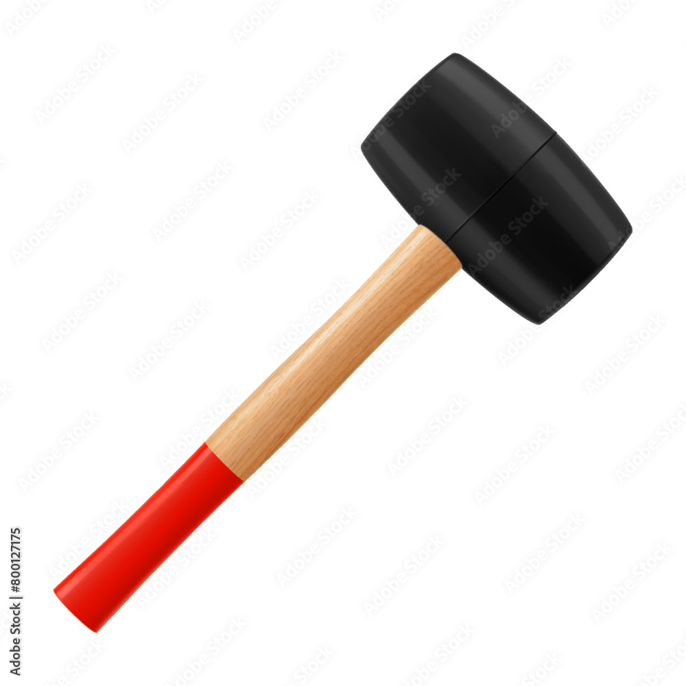 Rubber mallet with wooden handle, isolated on white background. Tile hammer. Hand tools for laying tiles and stones. Tool for straightening work. Tile hammer. Realistic 3d vector illustration Rubber mallet with wooden handle, isolated on white background. Tile hammer. Hand tools for laying tiles and stones. Tool for straightening work. Tile hammer. Realistic 3d vector illustration