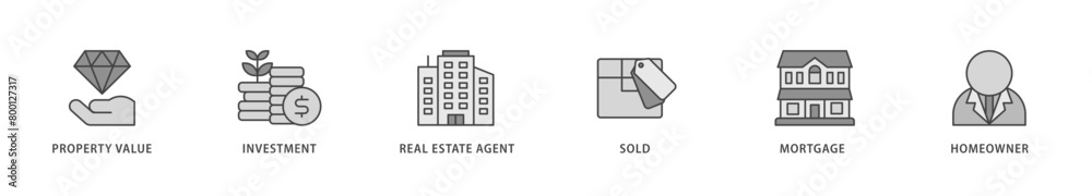 Real estate icons set collection illustration of sold, home owner, mortgage, real estate, agent, investment, property value icon live stroke and easy to edit Real estate icons set collection illustration of sold, home owner, mortgage, real estate, agent, investment, property value icon live stroke and easy to edit