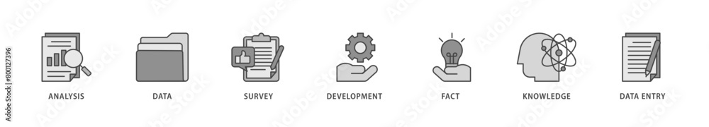 Research icons set collection illustration of analysis, data, survey, development, fact, knowledge and data entry icon live stroke and easy to edit 