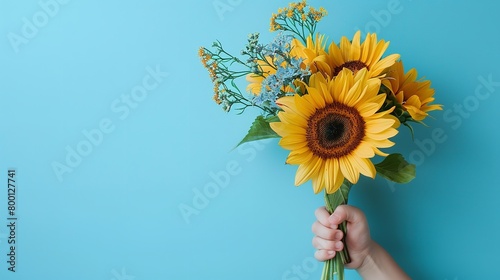 A little child's hand holding an array of springtime flowers, a yellow sunflower in bloom, over a pale blue setting Teacher's day defining and space, Generative AI.