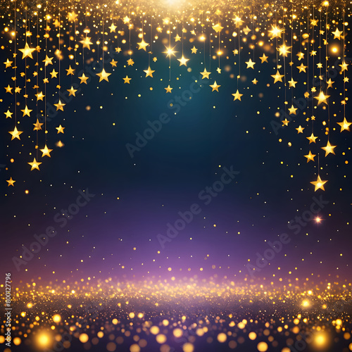 Glittering gradient background with hologram effect and magic lights. Holographic abstract fantasy backdrop with fairy sparkles  gold stars  and festive blurs