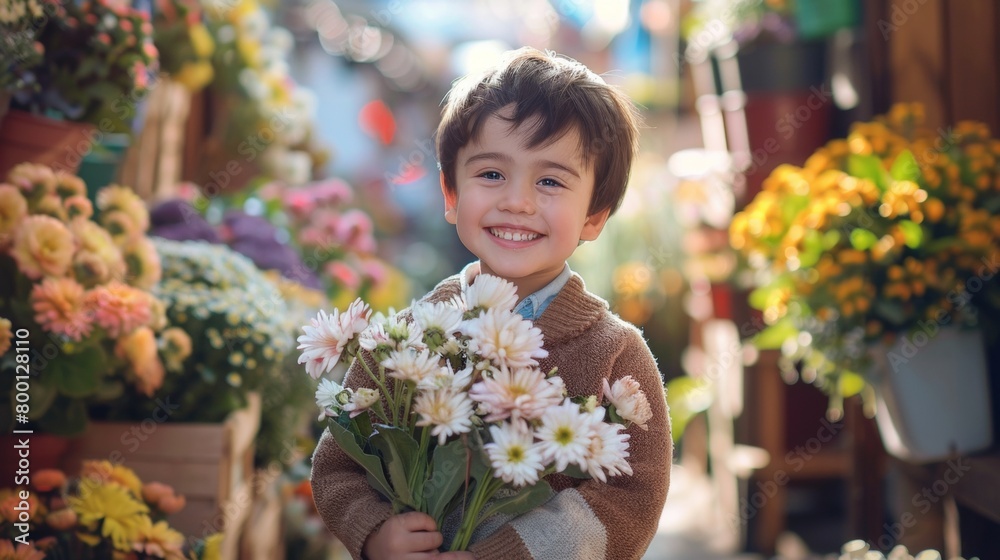 Little child with flowers in Spring