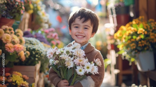 Little child with flowers in Spring