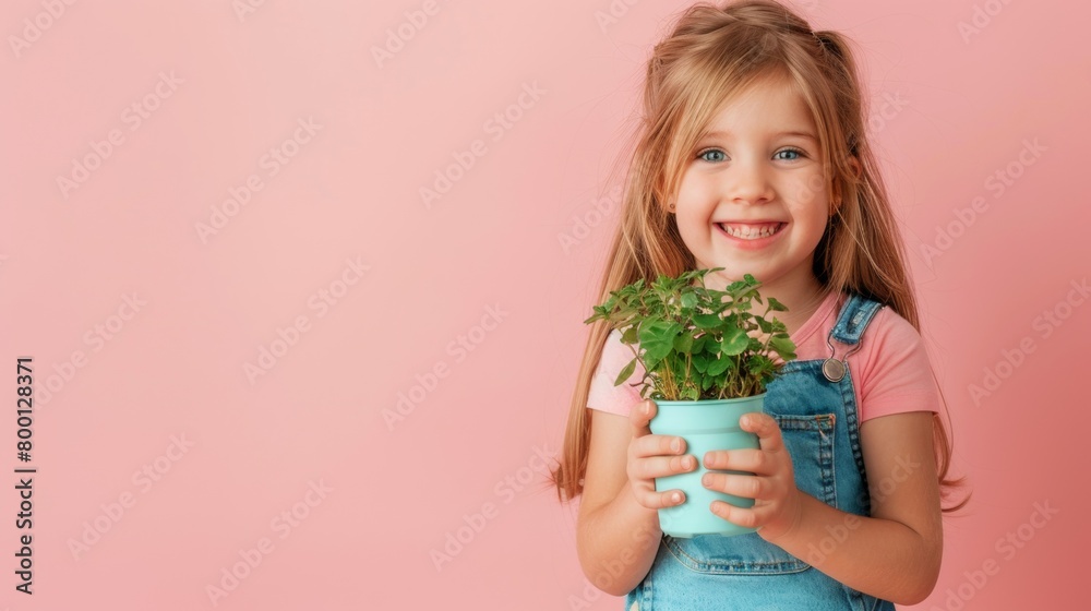 Smiling little child holding a pot of plant in hands over plain background Smiling little child holding a pot of plant in hands over plain background