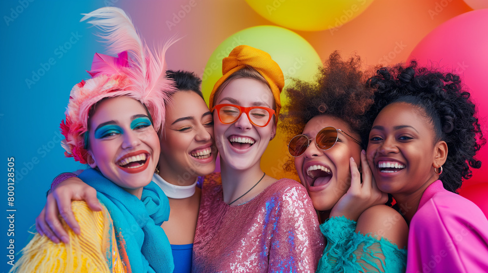 A lively photograph showcasing individuals of diverse ethnicities and sizes adorned in vibrant, colorful attire and accessories, joyfully expressing themselves on International No Diet Day. A lively photograph showcasing individuals of diverse ethnicities and sizes adorned in vibrant, colorful attire and accessories, joyfully expressing themselves on International No Diet Day.