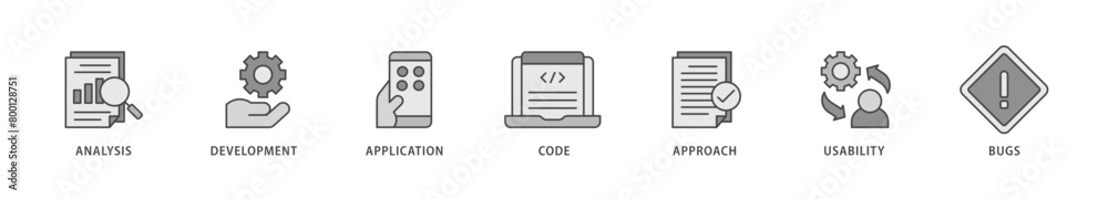 Software testing icons set collection illustration of bugs, code, usability, approach, application, development, analysis icon live stroke and easy to edit 