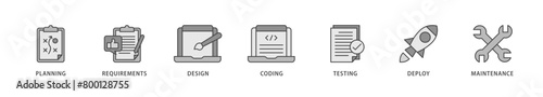 Software development icons set collection illustration of planning, requirements, design, coding, testing, deploy and maintenance icon live stroke and easy to edit 