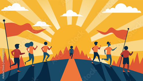 The sun shining down on the runners as they make their way through the course their flags a beacon of hope and inspiration for those watching.. Vector illustration
