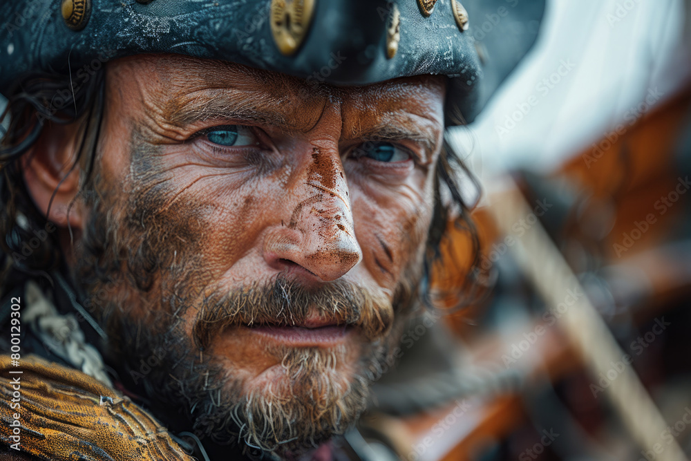 Portrait of a medieval pirate in captain hat on ship. Sea Robber Portrait of a medieval pirate in captain hat on ship. Sea Robber