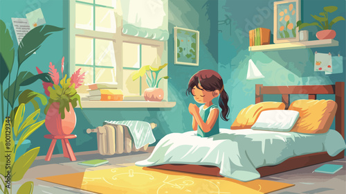 Little girl with Bible praying in bedroom Vectot style