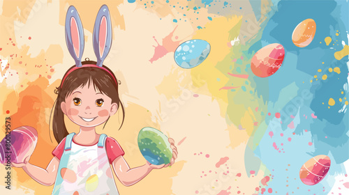 Little girl with Easter eggs and bunny ears on color