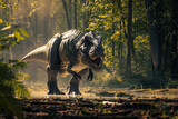 Tyrannosaurus walking in prehistoric forest. Angry dinosaur in natural habitat