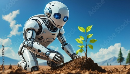 A humanoid robot, made from recycled materials, planting trees in a deforested landscape photo