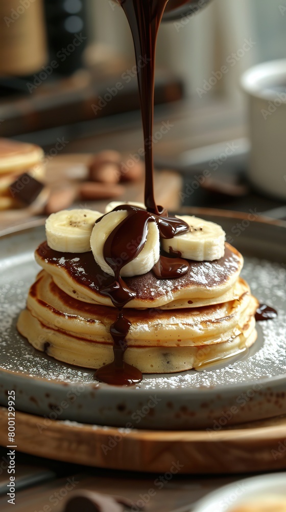 Decadent chocolate syrupPu Bu ing over a stack of pancakes topped with banana slices. Decadent chocolate syrupPu Bu ing over a stack of pancakes topped with banana slices.