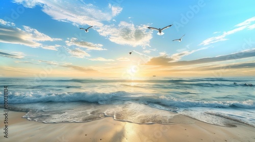 Serene Sunrise over Tranquil Ocean with Seagulls in Flight