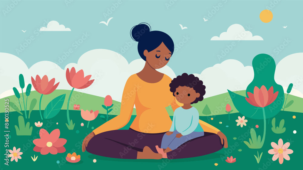 A mother and her child lying in a field of flowers using a guided meditation app to practice mindfulness and connect with nature..
