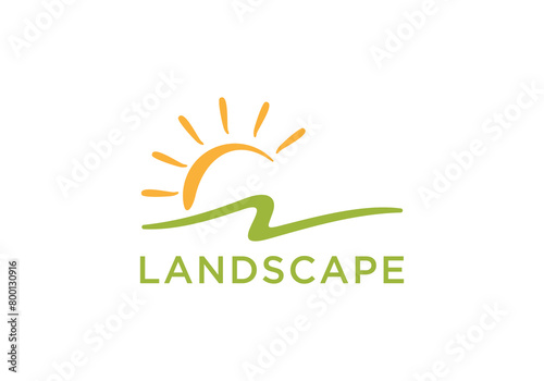 landscape with sun logo, creative agriculture design symbol template