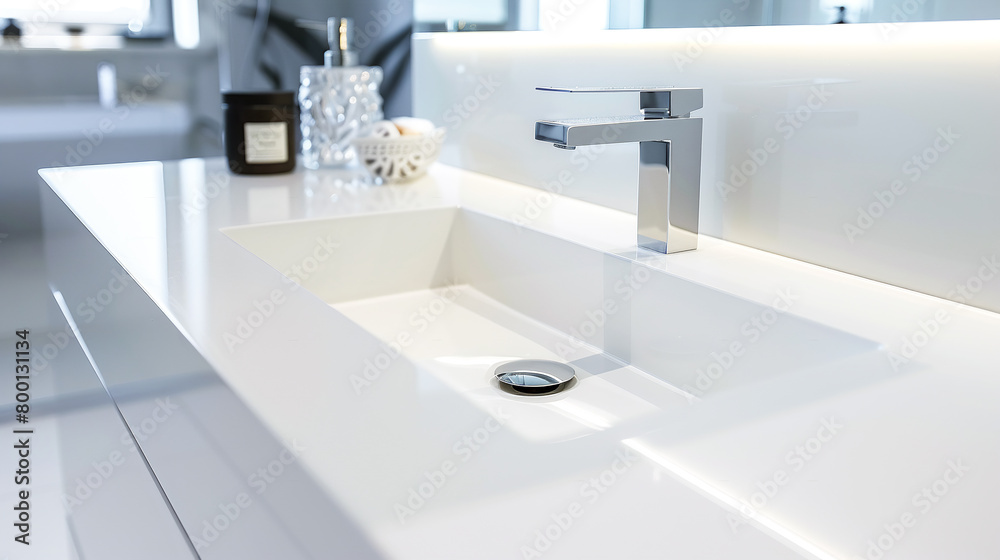 Modern bathroom interior design white ceramic wash basin with stainless steel faucet. Minimalist ergonomic design in Scandinavian style Modern bathroom interior design white ceramic wash basin with stainless steel faucet. Minimalist ergonomic design in Scandinavian style