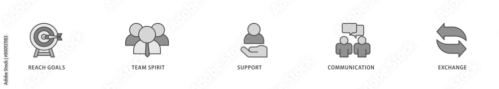Working together icons set collection illustration of collaboration, reach goals, team spirit, support, communication, and exchange icon live stroke and easy to edit Working together icons set collection illustration of collaboration, reach goals, team spirit, support, communication, and exchange icon live stroke and easy to edit