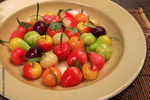 Colourful fruit and vegetable shaped beautiful Thai sweet mung bean coconut milk desert luk chap candy variety  shape  colour desert photo