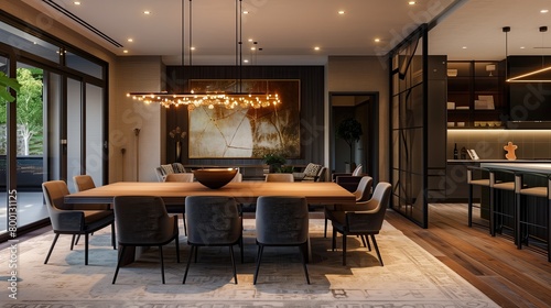 An elegant dining room with a long wooden table  modern chairs  and a statement chandelier.