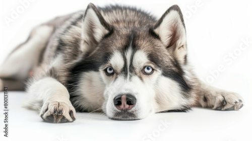 Portrait of a bored Husky dog over plain background