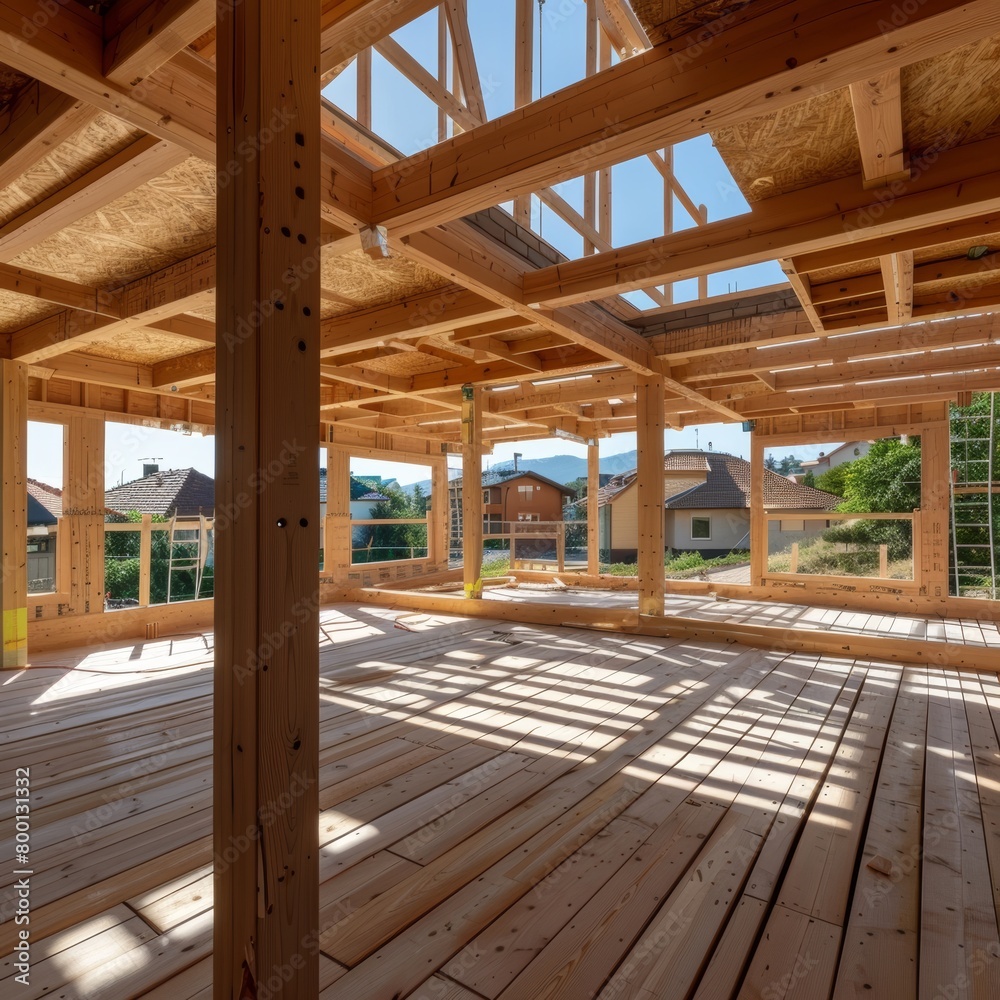 Timber house construction frame building the structure of a wooden residential home Timber house construction frame building the structure of a wooden residential home