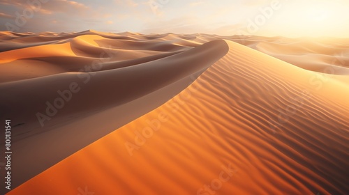 Artistic aerial view of rippled sand dunes in the Sahara highlighted by the golden light of sunset perfect for environmental documentaries © Jenjira