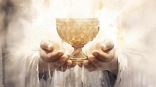Christian spirituality, believers raise the holy cup of wine, symbolizing the blood of Jesus Christ, as they offer their hands in reverence to God, embodying their religious devotion and faith. photo
