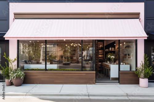 Contemporary coffee shop with sleek pink awning and plants, modern wooden accents on a city street