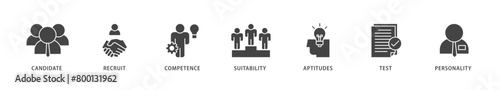 Assessment icons set collection illustration of user candidate, recruit, competence, suitability, aptitudes, test and personality icon live stroke and easy to edit 