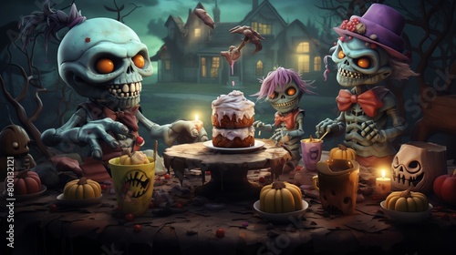 Endearing 3D depiction of Boo the zombie at a zombie tea party sharing ghoulish treats with other cute undead friends perfect for social media content or childrens entertainment photo