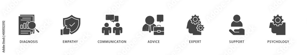 Counseling icons set collection illustration of diagnosis, empathy, communication, therapy, advice, expert, and support icon live stroke and easy to edit 